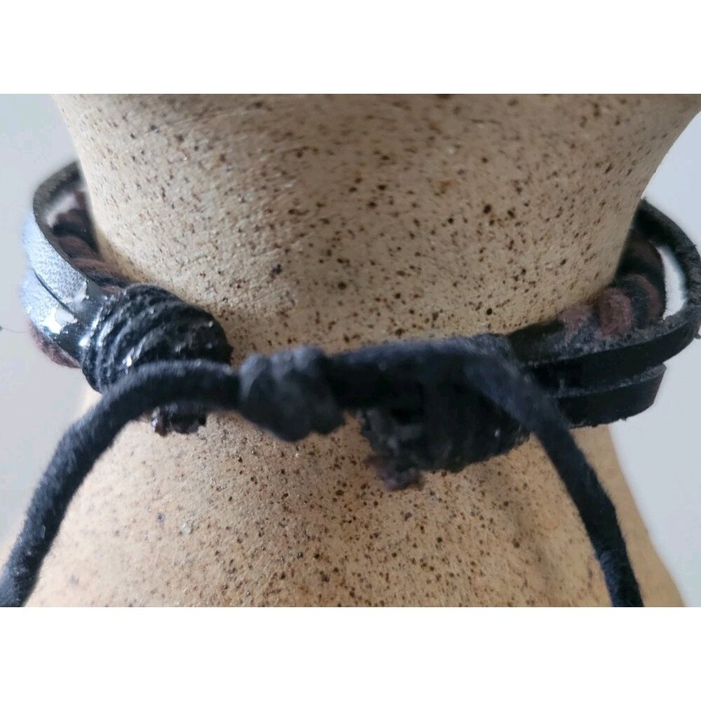 Braided Western Bracelet Chocolate Brown Black Leather Adjustable Slide - Picture 2 of 4